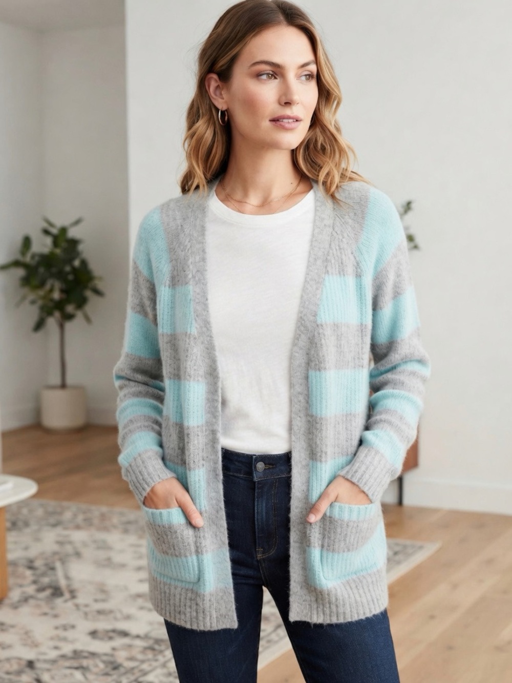 Caslon Oversized Gray  & Aqua Striped Angora Rabbit Hair Wool Cardigan – Size S
